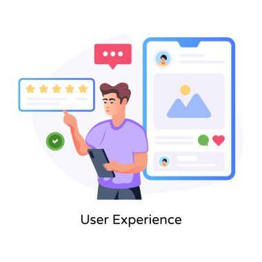 Çevrimiçi değerlendirmeler yapan kişi, kullanıcı deneyiminin düz illüstrasyonu