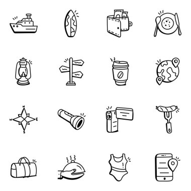 Seyahat Malzemeleri Paketi Doodle Simgeleri