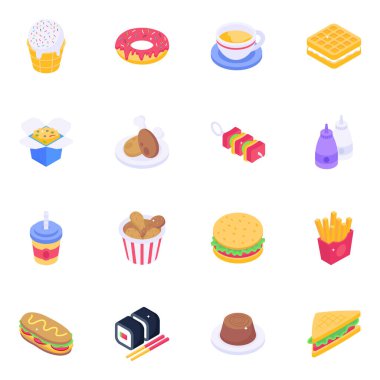 Çöp Yemeği ve Tatlıları Isometric Simgeleri