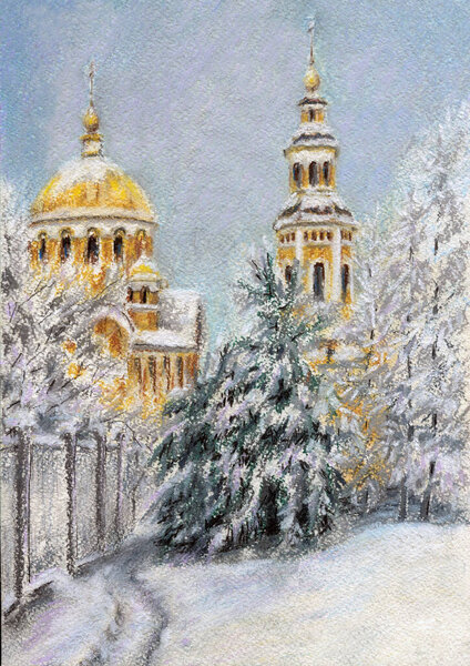 Monastery in winter. Landscape with pastels. Handwork.