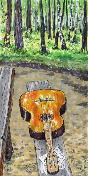 Spring landscape with a guitar. Drawing with markers. Handmade.