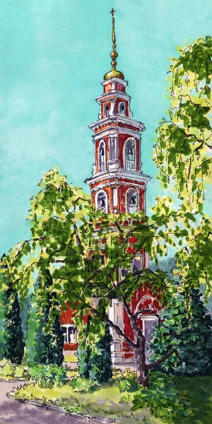 Campanario Iglesia Intercesión Paisaje Verano Dibujo Con Marcadores Hecho Mano —  Fotos de Stock