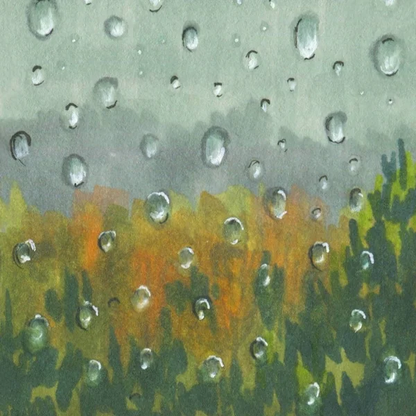 Raindrops on the window pane. Cloudy autumn day outside the window. Drawing with markers. Handmade.