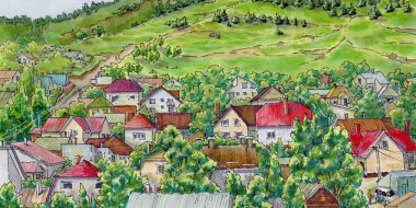 Tepenin yamacındaki evler. Yaz köyü manzarası. Kalemlerle çiziyorum. El yapımı..