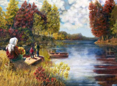 Sonbahar günü ve gölde balık tutmak. Aile hafta sonu. Yağlı boya..