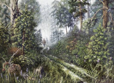 Mantarlar için. Yaz manzarası, sabah sisine doğru yürüyen bir adamla orman yolunda. Tuval üzerine yağlı boya boya. El yapımı..