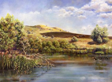 Sonbahar manzarası, gölü olan, tarlaları sürülmüş ve suyun üstünde ördekleri olan. Tuvale yağlı boya..