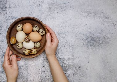 Eller içinde taze tavuk ve bıldırcın yumurtası olan kilden bir tabak tutar.