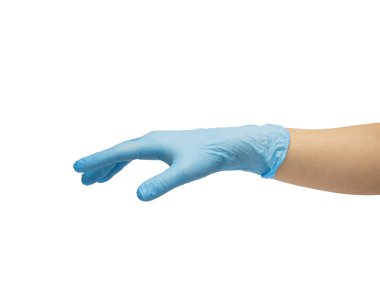 hand in blue nitrill glove, isolated against a white background