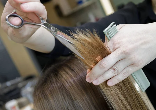 Coiffeurs mains avec ciseaux et un client coiffure peigne — Photo