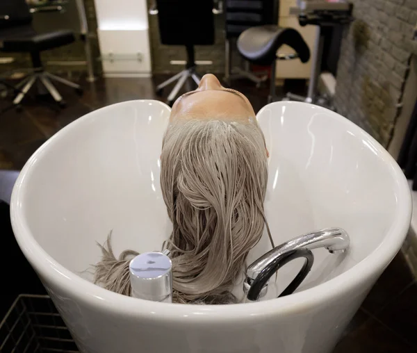 Menina em um salão de beleza. lavar o cabelo Processo de lavagem de cabelo em um cabeleireiro — Fotografia de Stock