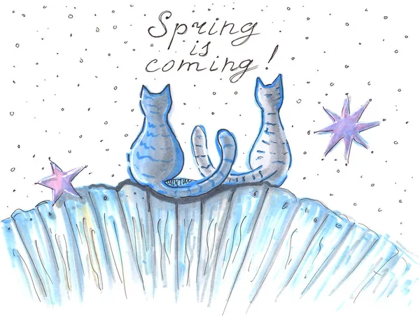 El çizimi illüstrasyon ilkbahar geliyor. Çitte oturan iki kedi.. — Stok fotoğraf