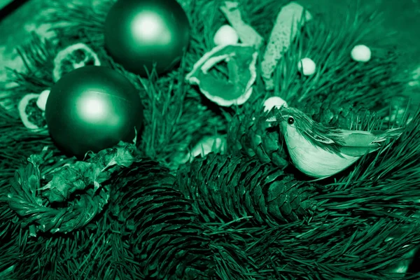 Spruce wreath with bird. Christmas decorations. Monochrome.
