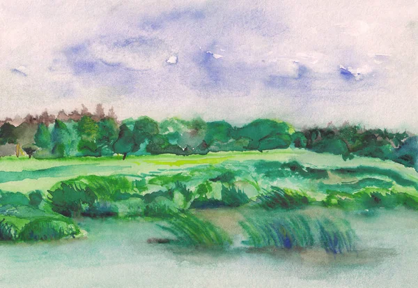 水彩画夏季河流自然景观. — 图库照片#