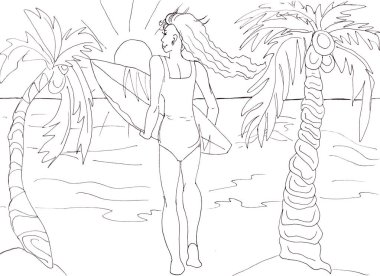 Sörf tahtası olan zayıf bir kızın el çizimi Summer çizimi. Özet.