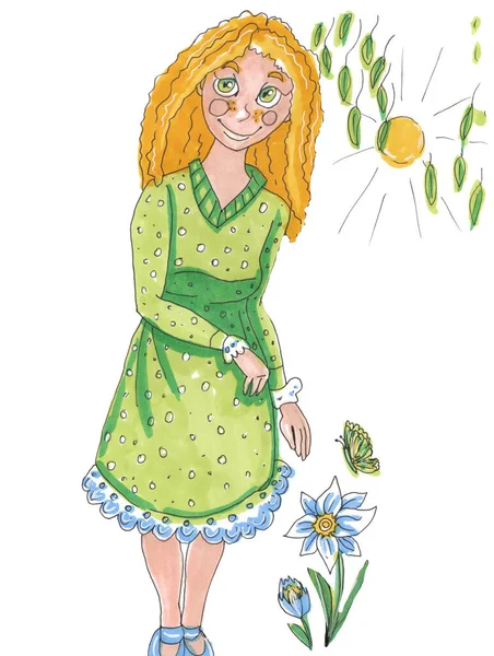 Hand drawn illustration Spring girl. Marker painting. — Stock Photo, Image