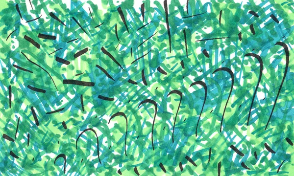 Fundo verde abstrato multicolorido com pontos de interrogação. Pinturas de marcadores. — Fotografia de Stock
