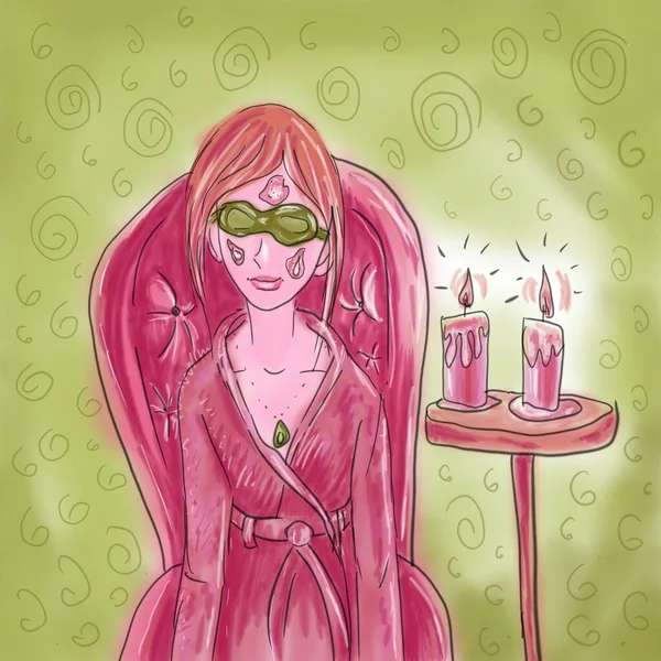 Frau trägt Gesichtsmaske auf und ruht sich im Sessel aus. Digitale Illustration. — Stockfoto