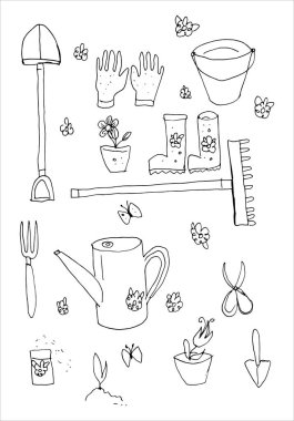El çizimi illüstrasyon seti bahçe aletleri kürek, tırmık vs. Doodle tarzı.