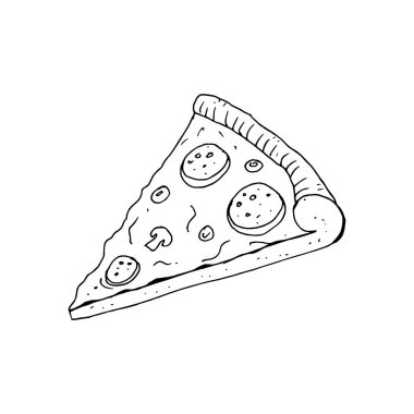Eritilmiş peynirli ve pepperonili pizza dilimi. Tebrik kartları, posterler için dekorasyon. Vektör illüstrasyonu.
