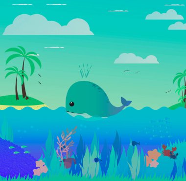 Çocukların şirin illüstrasyonu. Balina okyanusta yüzer. Doğa, balık, mercan, yengeç ve deniz yıldızlarıyla suyun altında..