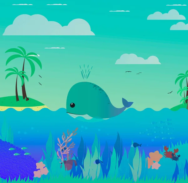 Çocukların şirin illüstrasyonu. Balina okyanusta yüzer. Doğa, balık, mercan, yengeç ve deniz yıldızlarıyla suyun altında..