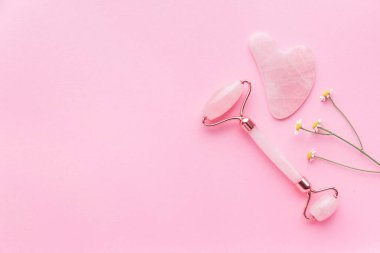 Pembe Gua Sha yüz masajı aletleri ve bitki. Pembe arka planda Rose Quartz Yeşim Roller. Evde reşit olmama, kaldırma ve tonlama tedavisi. üst görünüm Boşluğu kopyala.