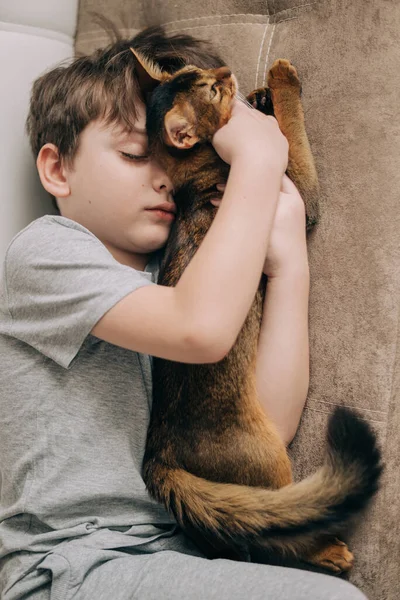 Vertical top view little kid boy lying on the couch and hugging his fluffy tail red cat kitten of somaly breed. — Stock Photo, Image