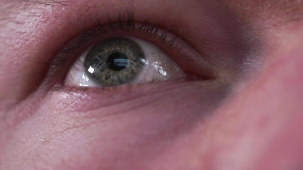 Αντανάκλαση Της Οθόνης Στο Μπλε Πράσινο Μάτι Του Ατόμου Σκοτεινό — Αρχείο Βίντεο