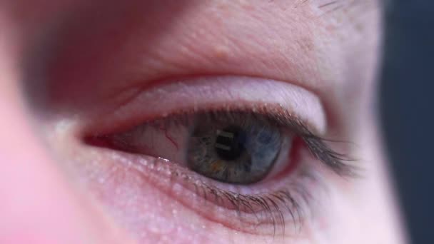 Réflexion Écran Sur Oeil Bleu Vert Personne Dans Pièce Sombre — Video