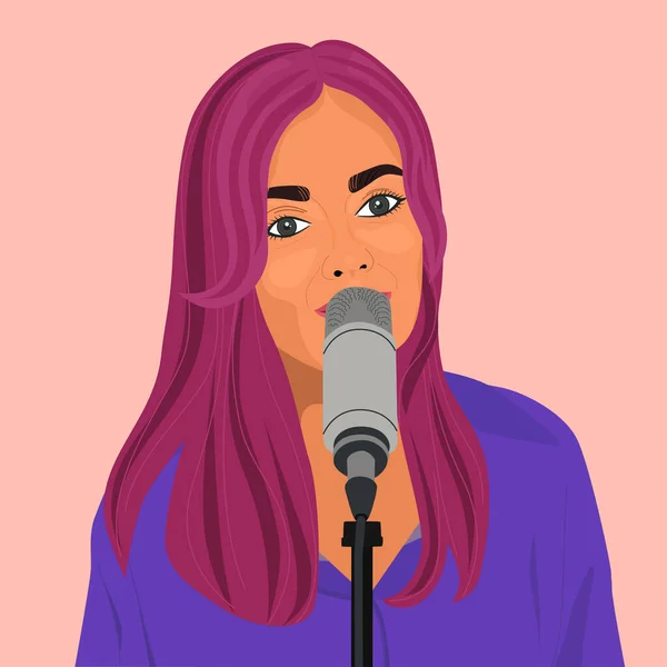 Hermosa Chica Con Pelo Rosa Dice Algo Canta Micrófono Joven — Vector de stock