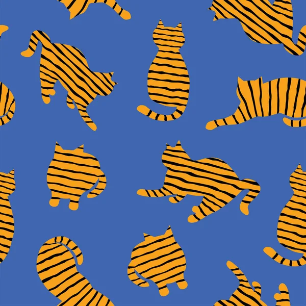 条纹猫手绘矢量无缝图案 花哨的猫咪就像老虎的抽象设计元素 蓝色背景上的红猫纹理 纺织品 网页设计装饰元件 — 图库矢量图片