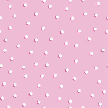 Beyaz yıldızlar düz vektör desenli. Açık pembe soyut el çizimi arka plan. Çizgi film renkli simgelerle süslenmiş modaya uygun benekli doku. Ambalaj kağıdı ve duvar kağıdı tasarımı için kullan