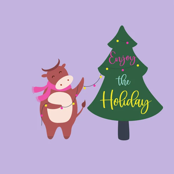 Χαριτωμένος Ταύρος Κασκόλ Διακοσμεί Χριστουγεννιάτικο Δέντρο Απόλαυσε Γιορτινά Λόγια Χριστουγεννιάτικο — Διανυσματικό Αρχείο