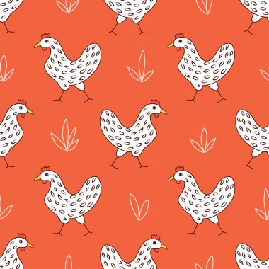 Tavuk çizgi filmlerindeki süslemesiz desenler. Stylize edilmiş tavuk. Çiçek elementli siyah beyaz benekli tavuklar. Tekstil, ambalaj kağıdı, yemek, albüm tasarımı