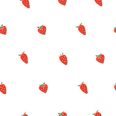 Kırmızı çilekler, pürüzsüz beyaz arka plan. Tatlı böğürtlenli sevgililer günü illüstrasyonu. Renkli vektör çizimi. Kumaş tasarımı ve ambalaj kağıdı için iyi
