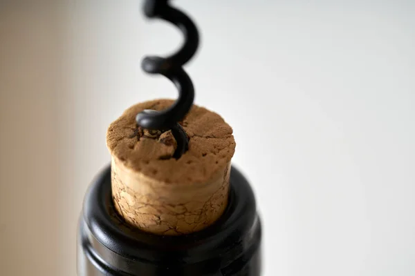Close Corkscrew Opening Bottle Wine Cork Pierced Black Metal Spiral — Stock Photo, Image