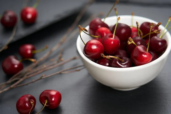 Group Red Ripe Cherries White Ceramic Bowl Background Plate Black Royalty Free Stock Images