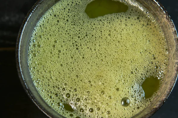 Top View Japanese Organic Matcha Green Tea Powder Bowl Black — Stock Photo, Image