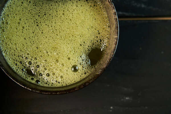 Japanese Organic Matcha Green Tea Cup Black Wood Background Healthy Royalty Free Stock Images