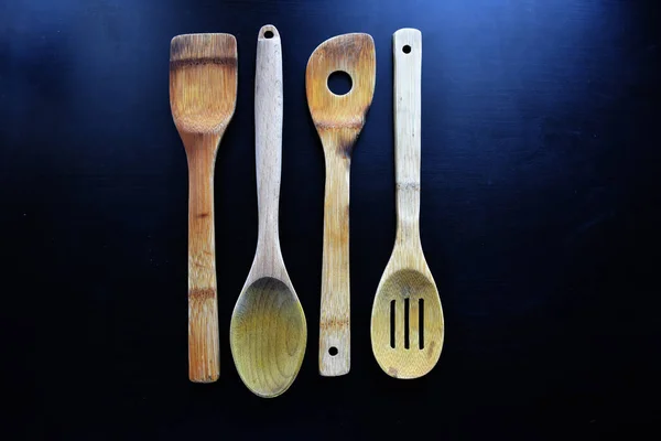 Old Wooden Kitchen Set Wooden Spoon Wooden Fork Spatula More — Stock Photo, Image