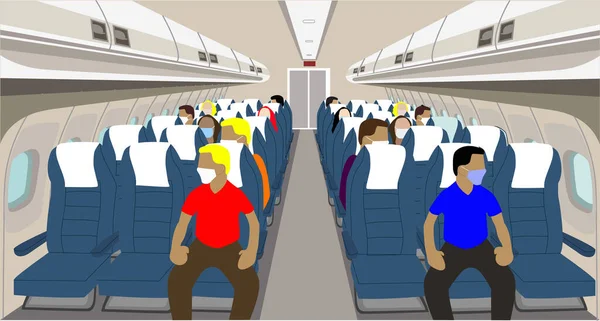 Ilustracja Wektora Ukazująca Wnętrze Samolotu Niektórymi Pasażerami Pokładzie Poszanowaniem Nowych — Wektor stockowy