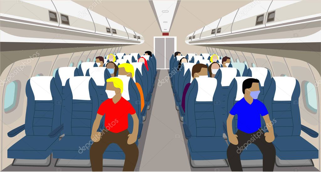 Vector illustration that shows the interior of an airplane with some passengers on board, respecting the new security measures for the coronavirus, using their masks and distancing themselves