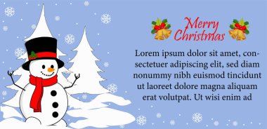 Noel günü için tebrik kartı, açık mavi arka plan, beyaz ağaçlar, gökten düşen kar taneleri ve bir kardan adam. Mutlu noeller.