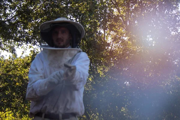 白い養蜂家のスーツを着た若い男がハニーコンズから蜂蜜を集めるために — ストック写真