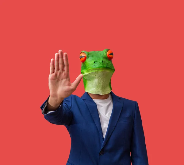 Man Frog Mask Bulging Eyes Pointing Stop His Hand Indicating — Stock Photo, Image