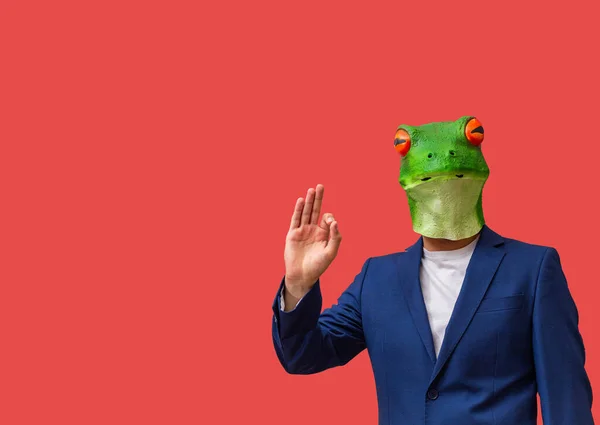 コピースペースと赤の背景に彼の手で承認をマーク 目のカエルのマスクを持つ男 — ストック写真