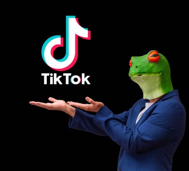 BURGOS, SPAIN - Mayıs 2021, 14: Komik kurbağa maskeli bir adamın fotokopi alanı ve ellerinde TikTok adında ticari bir markanın logosu tutan mavi bir takım elbise..