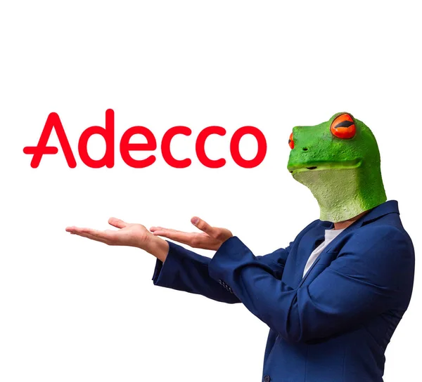 Burgos スペイン 5月2021 面白いカエルの動物のマスクと彼の手でAdeccoと呼ばれる商業ブランドのロゴを保持するカラフルな青いスーツを持つ男の広告スペースと広告 — ストック写真