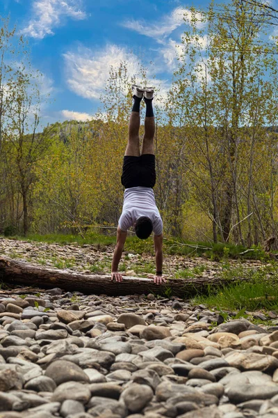 Jovem Atleta Shorts Realizando Acrobático Dublê Chamado Pinheiro Grande Ramo — Fotografia de Stock